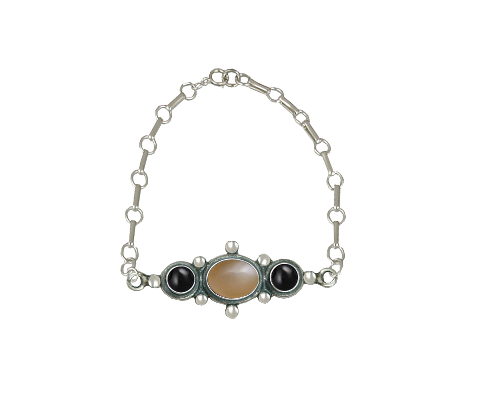 Sterling Silver Victorian Bracelet With Peach Moonstone And Black Onyx